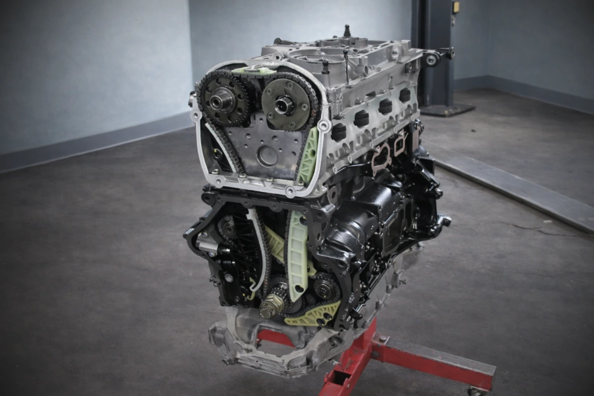 Mechanik montuje głowicę silnika 2.0 TFSI podczas remontu kapitalnego w warsztacie HESS na Bielanach